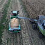 Overhead view of a combine auger filling a GreenLoader with grain.