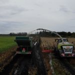 Rear view of a GreenLoader following a forage harvester through a muddy maize field.